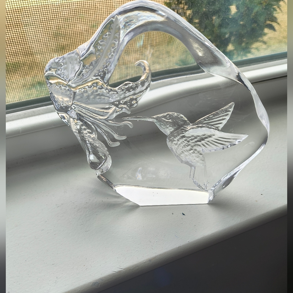 Crystal Hummingbird Flower Glass Sculpture Figurine Paperweight 3-D Vintage
